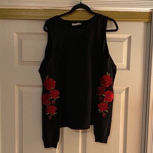 Black Sleeveless Top with Red Floral Embroidery XL